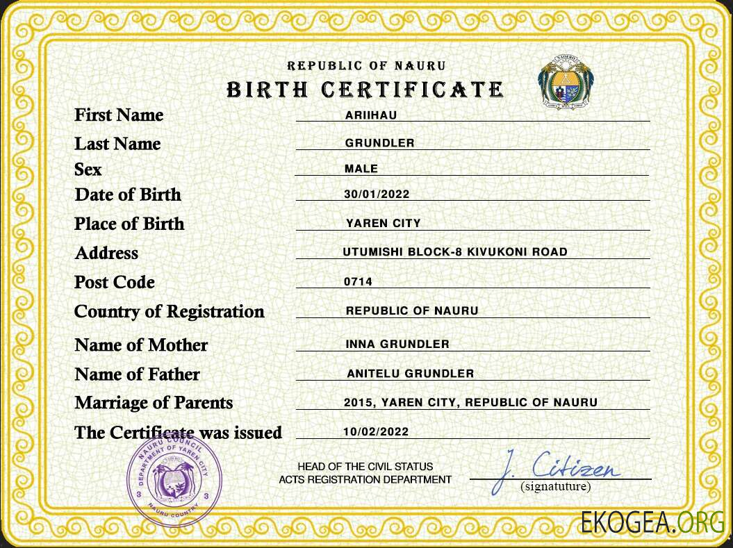 Modèle PSD de certificat de naissance de Nauru